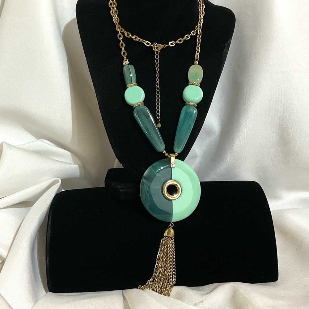 Turquoise Colored Tasseled Donut Pendant Necklace